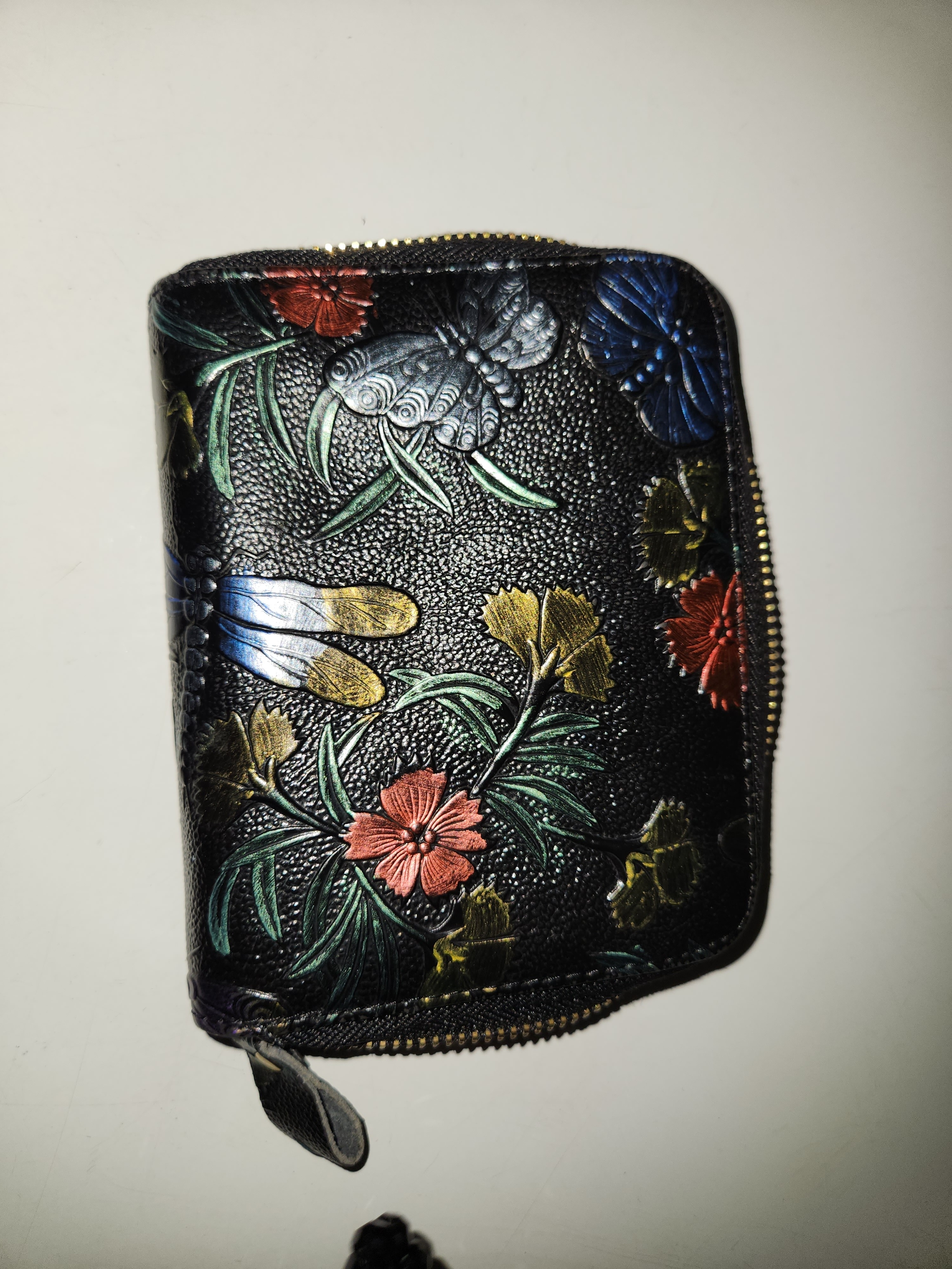 Black Floral Embossed Zip Wallet  Womens Floral Leather Card Holder